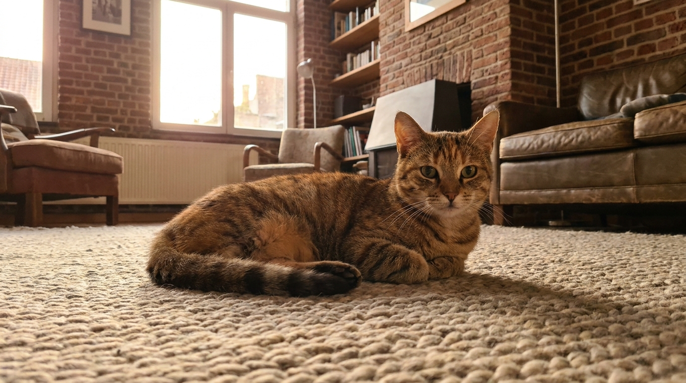 Un chat tigré à trois pattes est assis sur un canapé confortable dans une maison en Belgique, regardant par la fenêtre.
