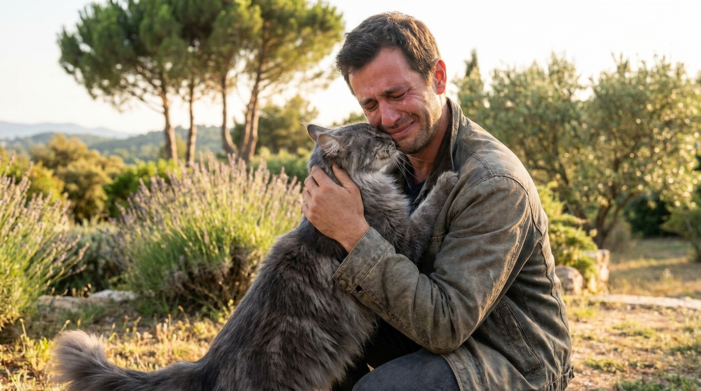 Un chat gris aux yeux verts, croisement de Maine Coon et Chartreux, regarde l'objectif avec douceur après avoir été retrouvé.
