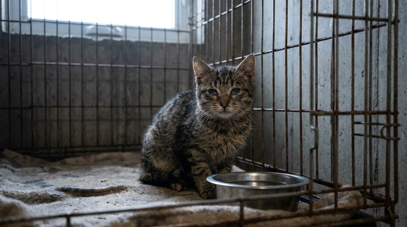 Un jeune chat au regard triste et implorant, seul dans une cage de refuge, symbolisant la négligence et la cruauté animale.