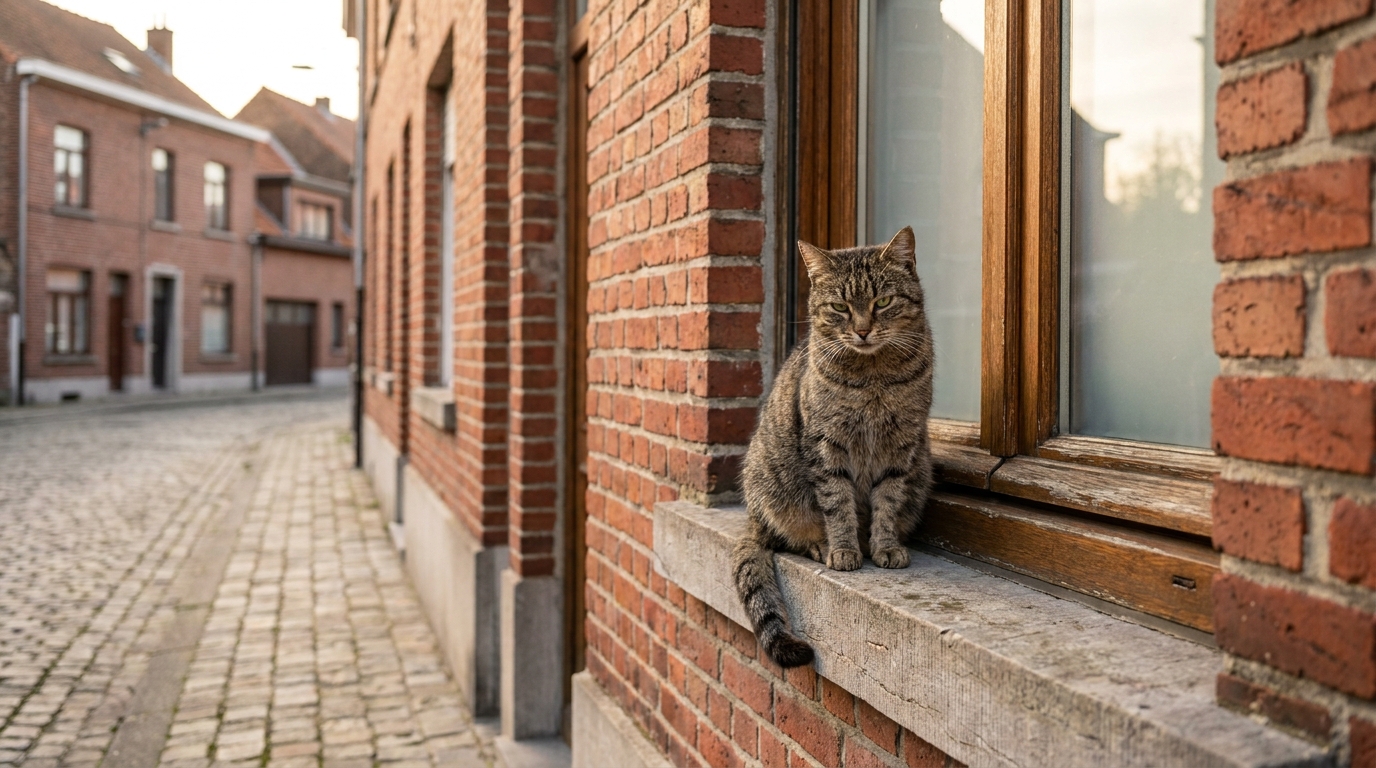 Un chat domestique européen est assis sur un rebord de fenêtre, regardant avec prudence une rue résidentielle typique de Belgique.