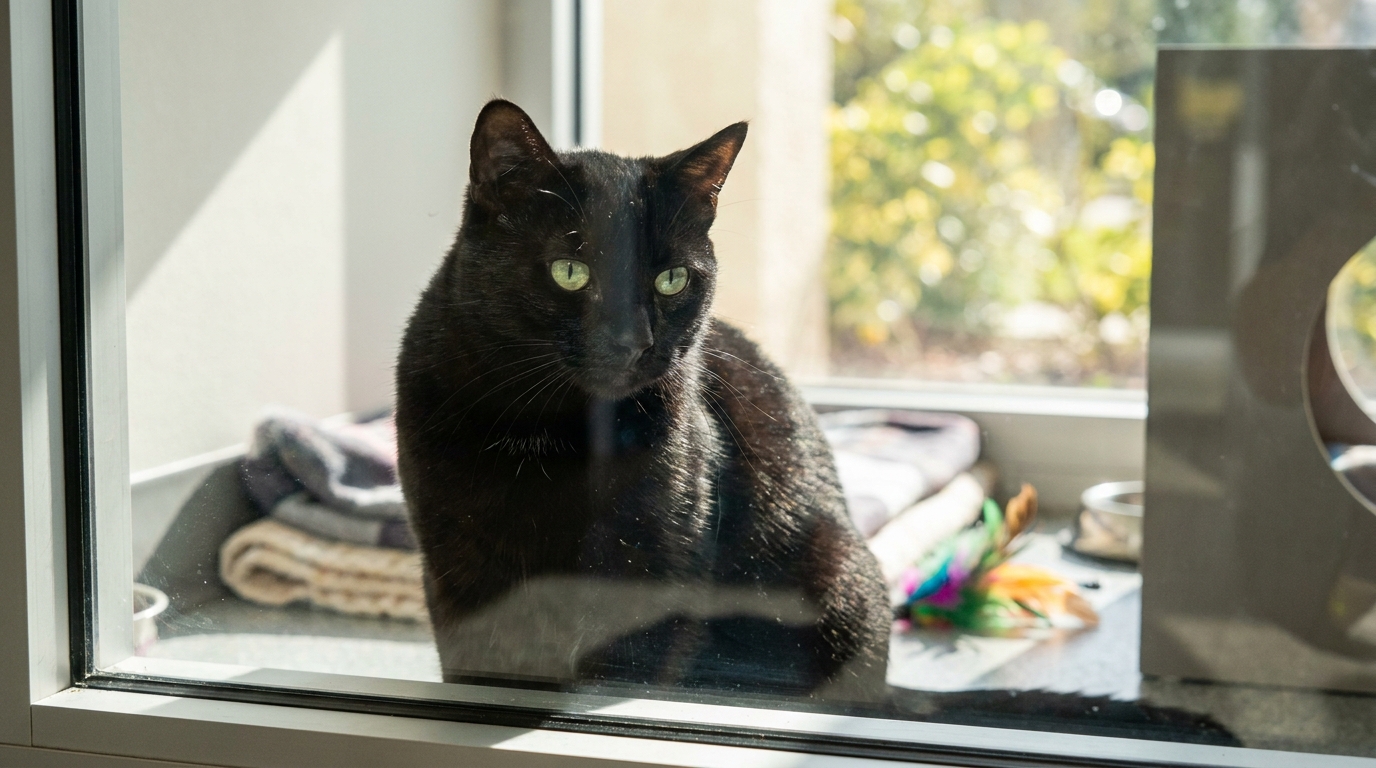 Un magnifique chat noir aux yeux verts est assis sagement dans un refuge, attendant une nouvelle famille aimante.