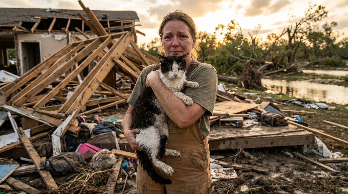 Un chat noir et blanc, l'air soulagé, est dans les bras d'une femme devant les ruines d'une maison après une inondation au Texas.