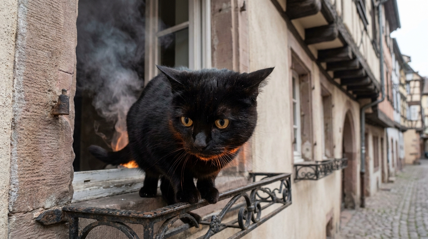 Un chat noir au regard inquiet se tient sur le rebord d'une fenêtre, avec des reflets orangés de flammes visibles en arrière-plan.