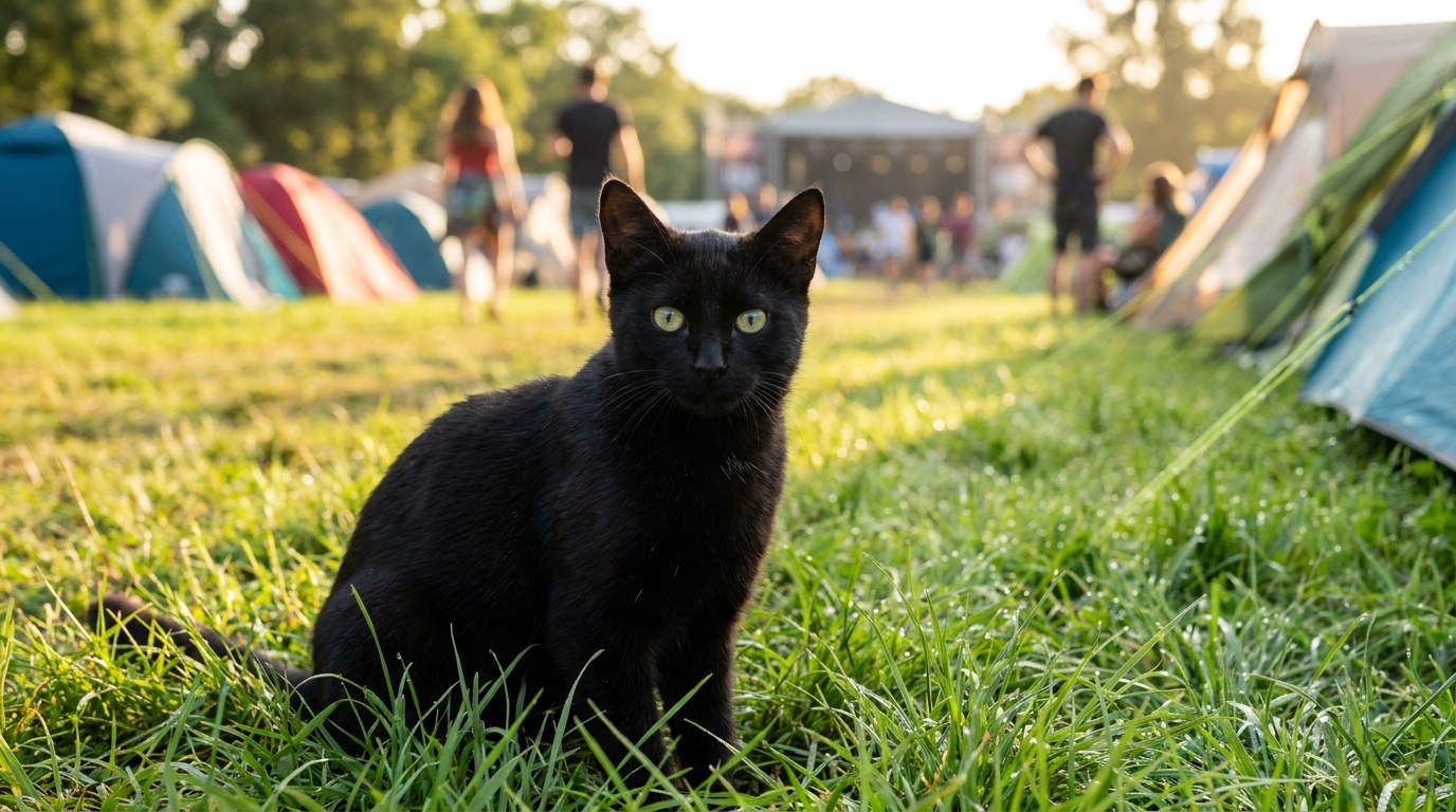 Un jeune chat noir curieux regarde l'objectif, assis sur l'herbe d'un camping de festival, avec des tentes colorées en arrière-plan flou.