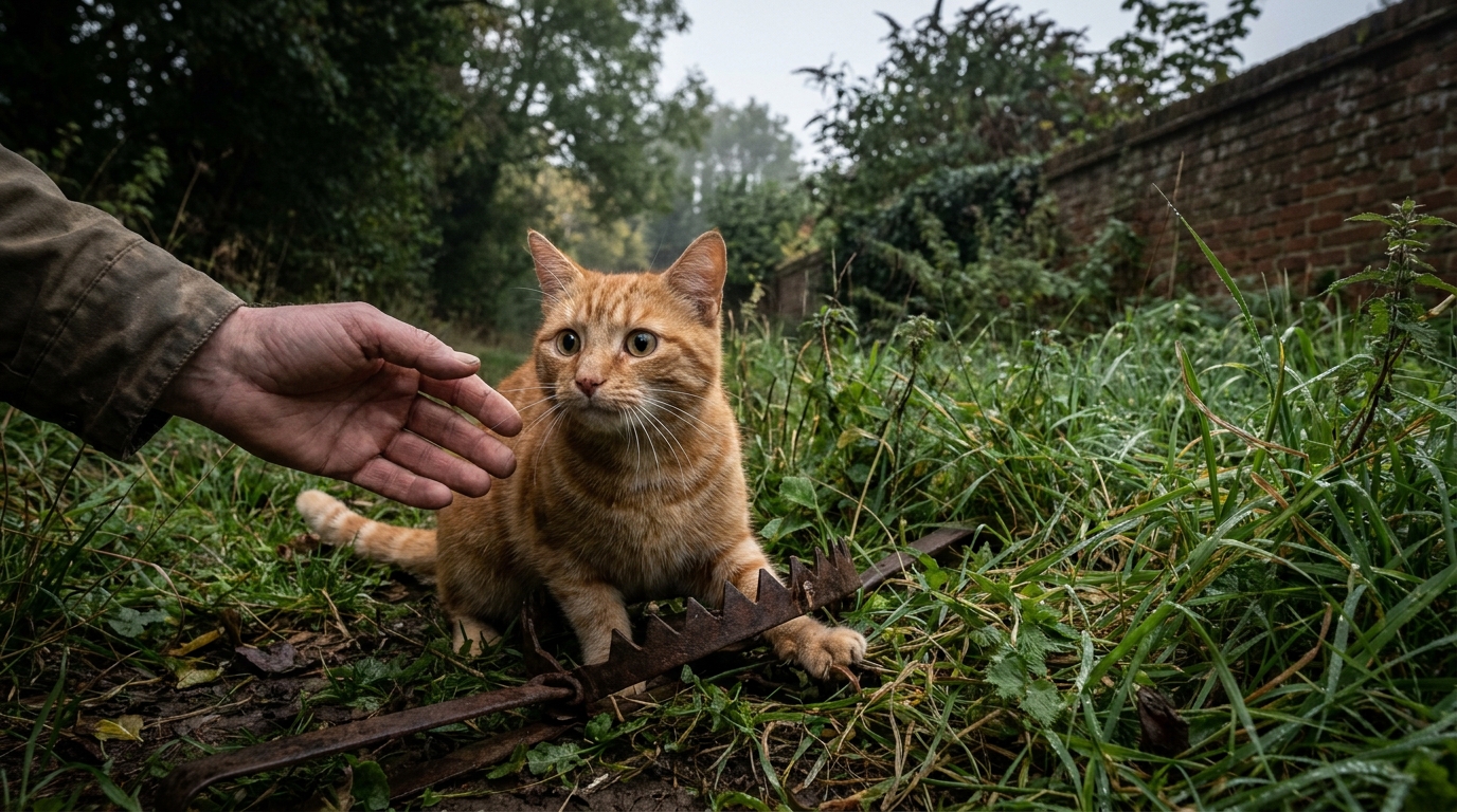 Un chat au regard apeuré, sa patte avant prise dans un piège à mâchoires rouillé posé dans l'herbe d'un jardin.