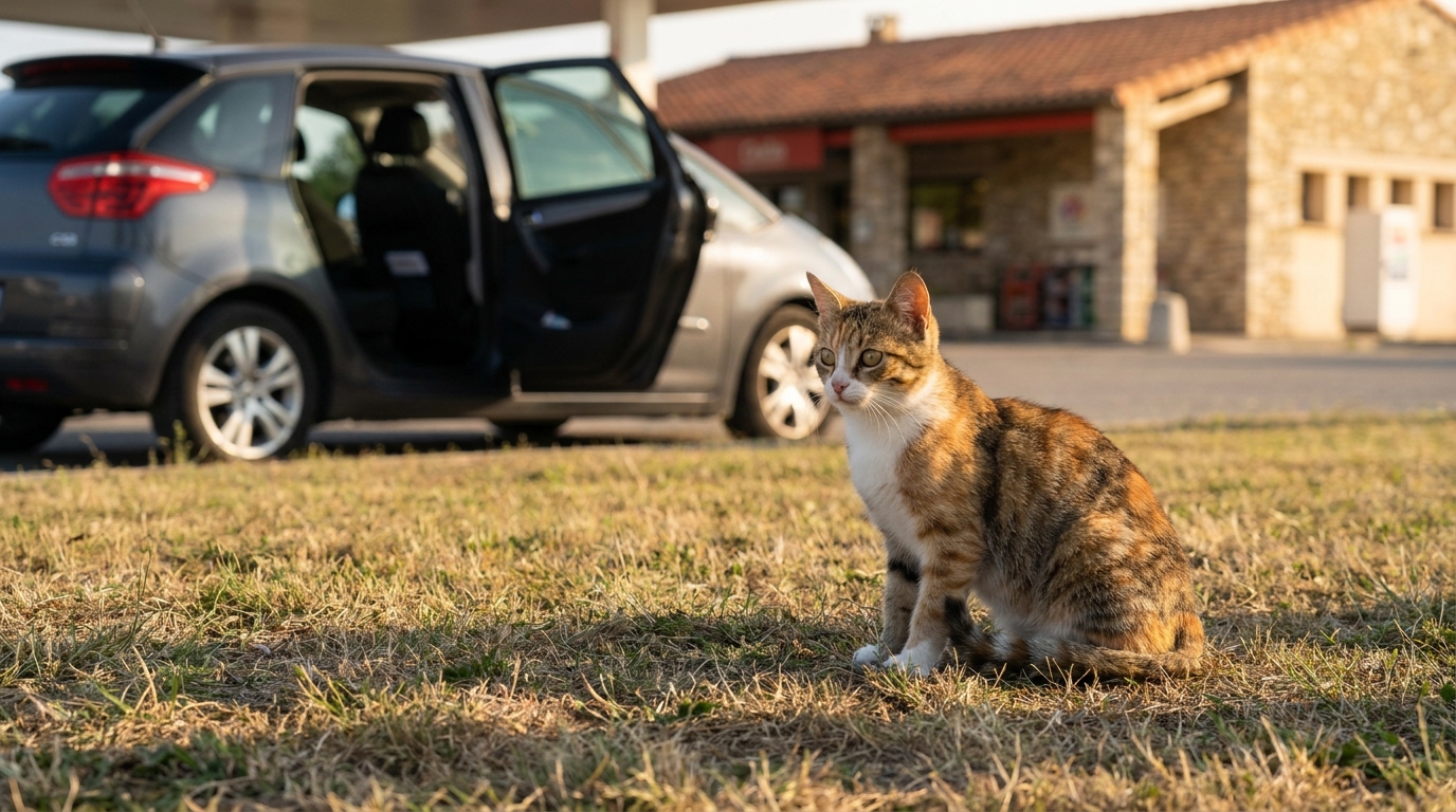 Un jeune chat tigré et blanc semble perdu sur l'herbe d'une aire d'autoroute, près d'une voiture, symbolisant une disparition lors d'un voyage.