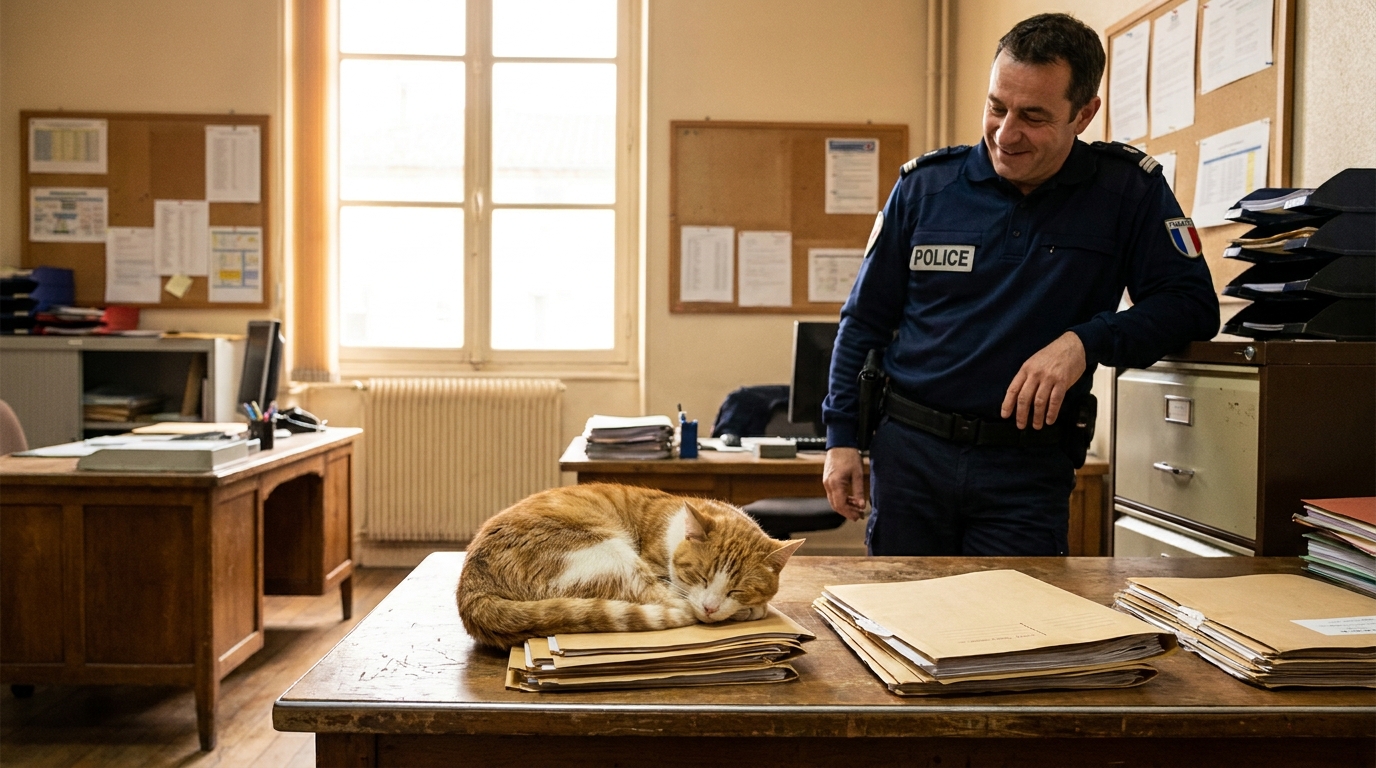 Le chat Perkiz, nouvelle recrue du commissariat de Firminy, se repose sur des dossiers pendant qu'un policier le regarde avec affection.