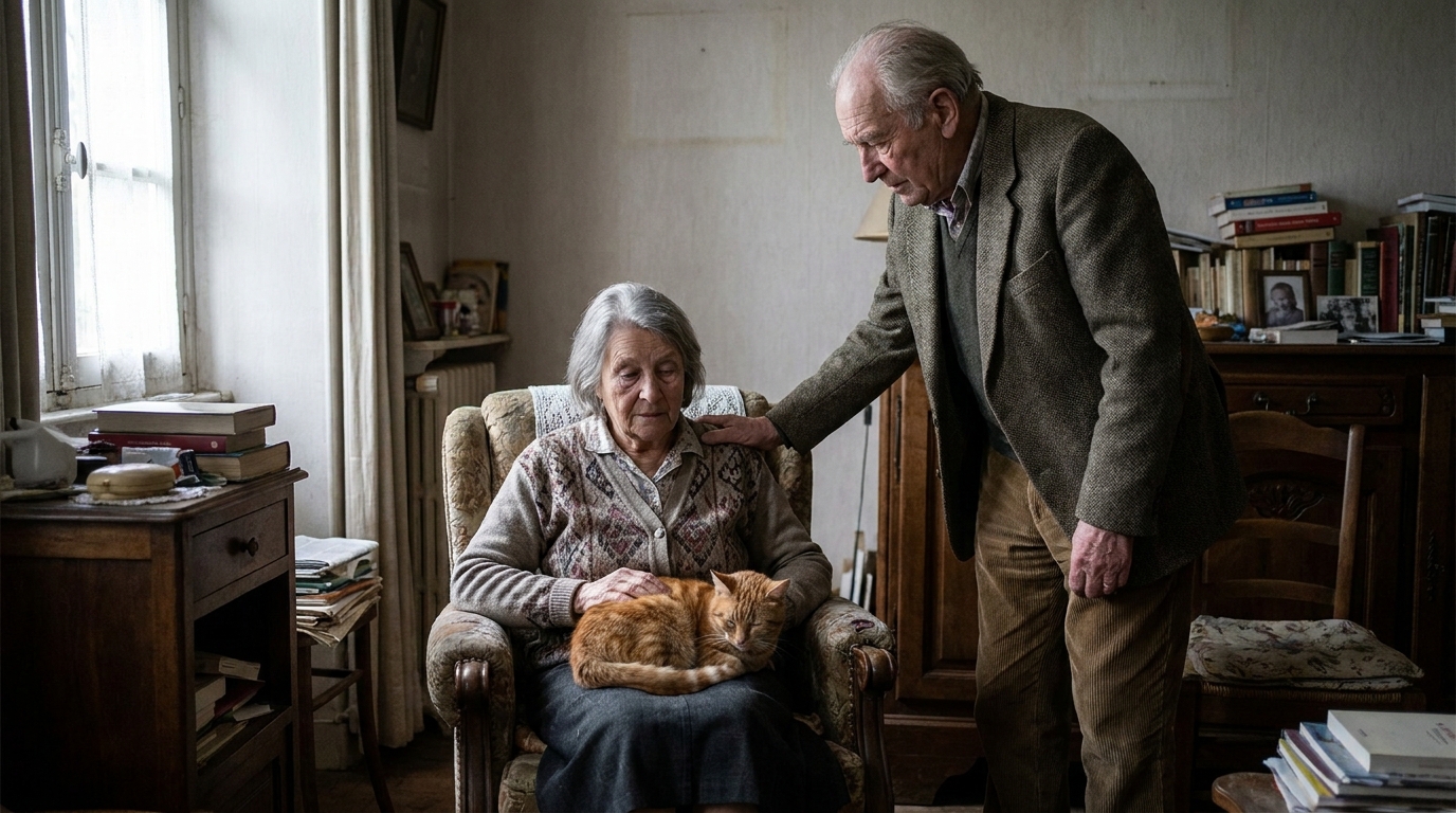 Un chat tigré est couché en sécurité sur les genoux d'une personne âgée, symbolisant la protection après un drame familial.
