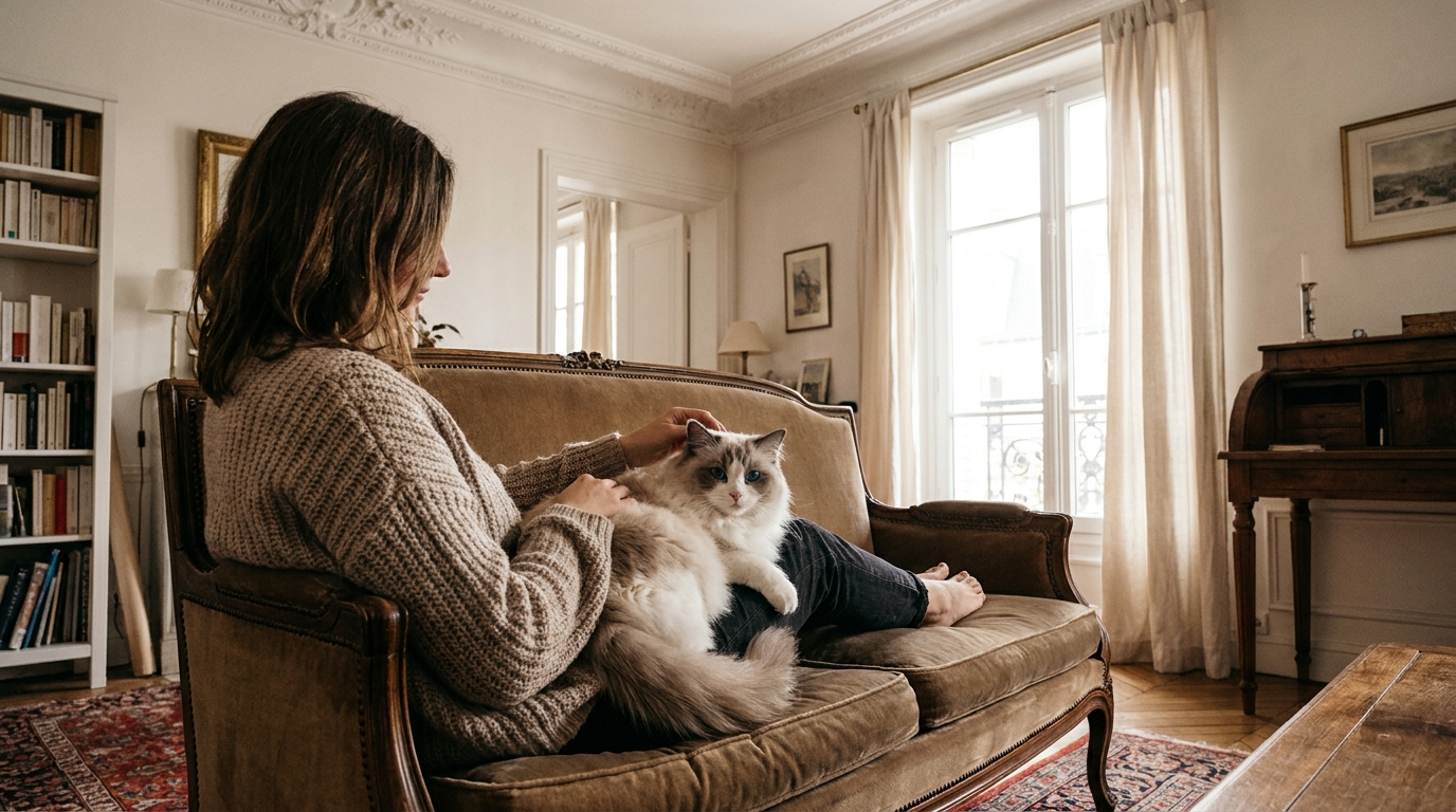 Un magnifique chat de race Ragdoll aux yeux bleus est assis sur un canapé, regardant avec tendresse sa nouvelle propriétaire.