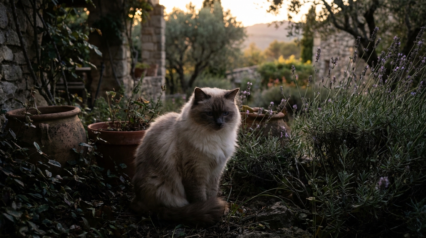 Un magnifique chat de race Ragdoll aux yeux bleus, assis dans l'herbe d'un jardin, avec une expression de tristesse et de vulnérabilité.