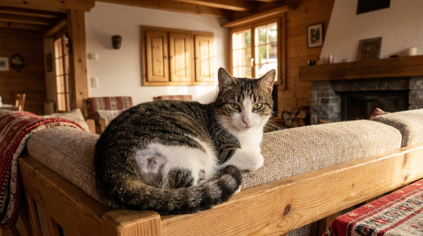 Un chat tigré et blanc se repose sur un canapé, l'air méfiant, après avoir été attaqué par un chien.
