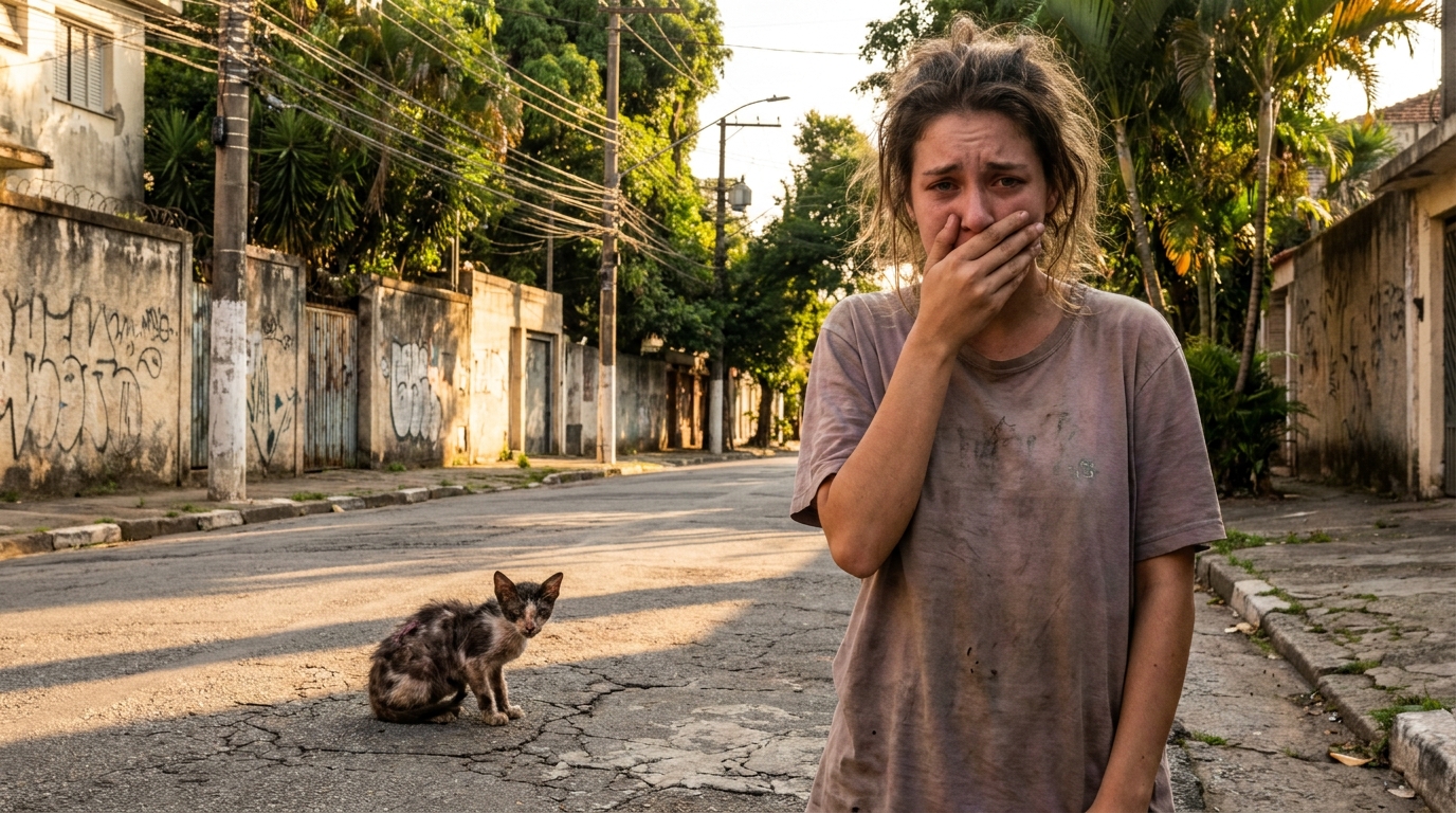 Montage photo montrant le chat Renatinho recouvert de croûtes, puis en pleine santé, gris et tigré, dans les bras de sa sauveuse.