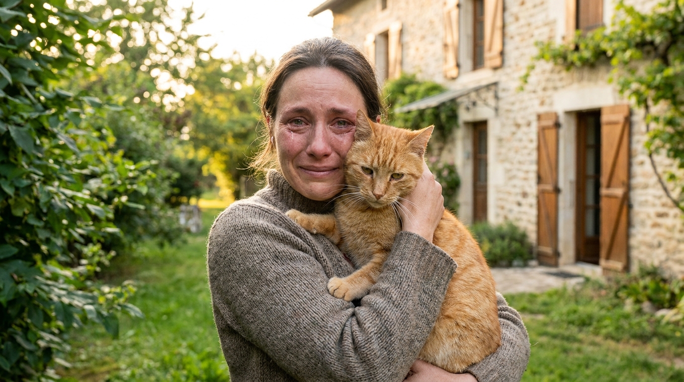 Une femme heureuse serre dans ses bras son chat tigré, retrouvé après trois ans de disparition en Isère.