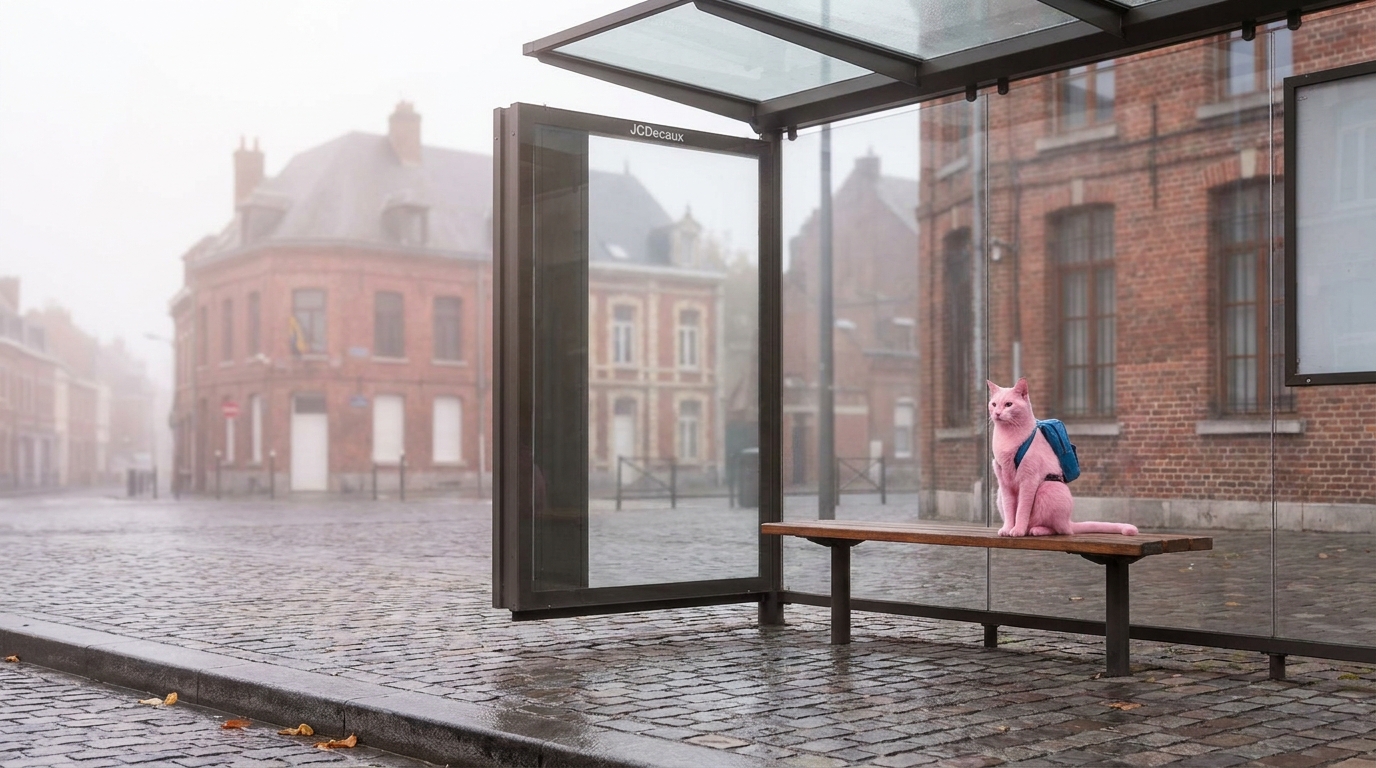 Un chat de couleur rose pastel avec un petit sac à dos sur le dos, assis sagement sur un banc à un arrêt de bus dans une rue française.
