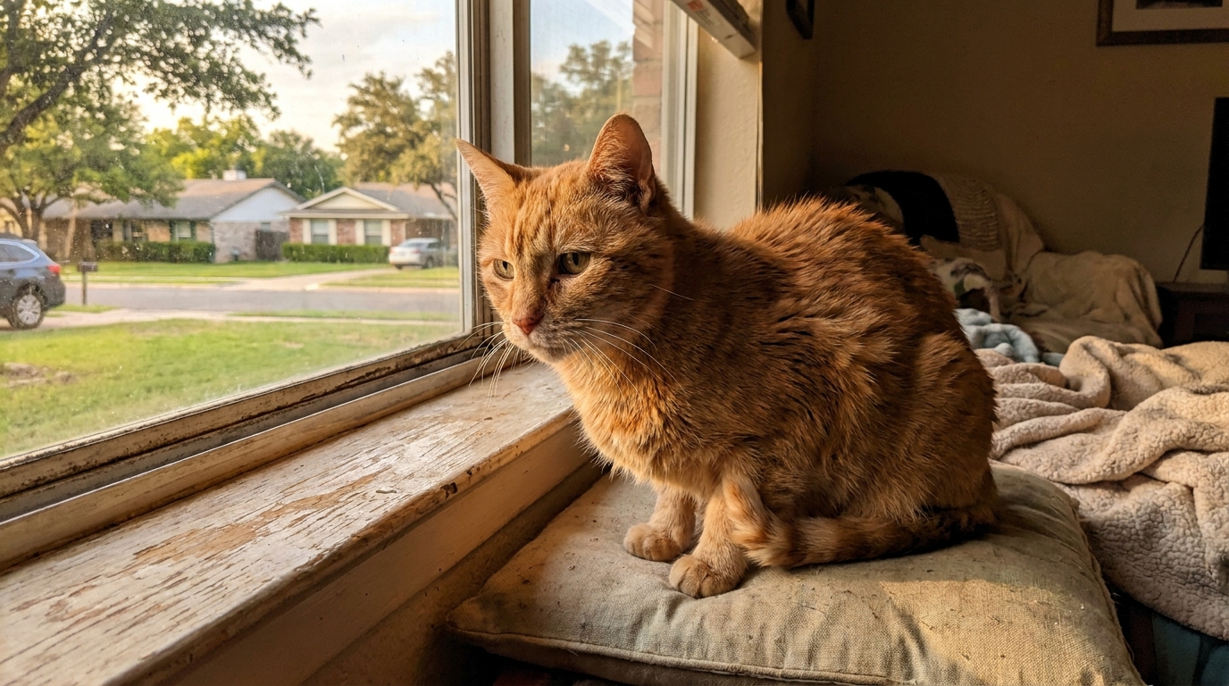 Un vieux chat roux au regard doux et sage, assis sur un rebord de fenêtre à l'intérieur d'une maison de style américain, au Texas.