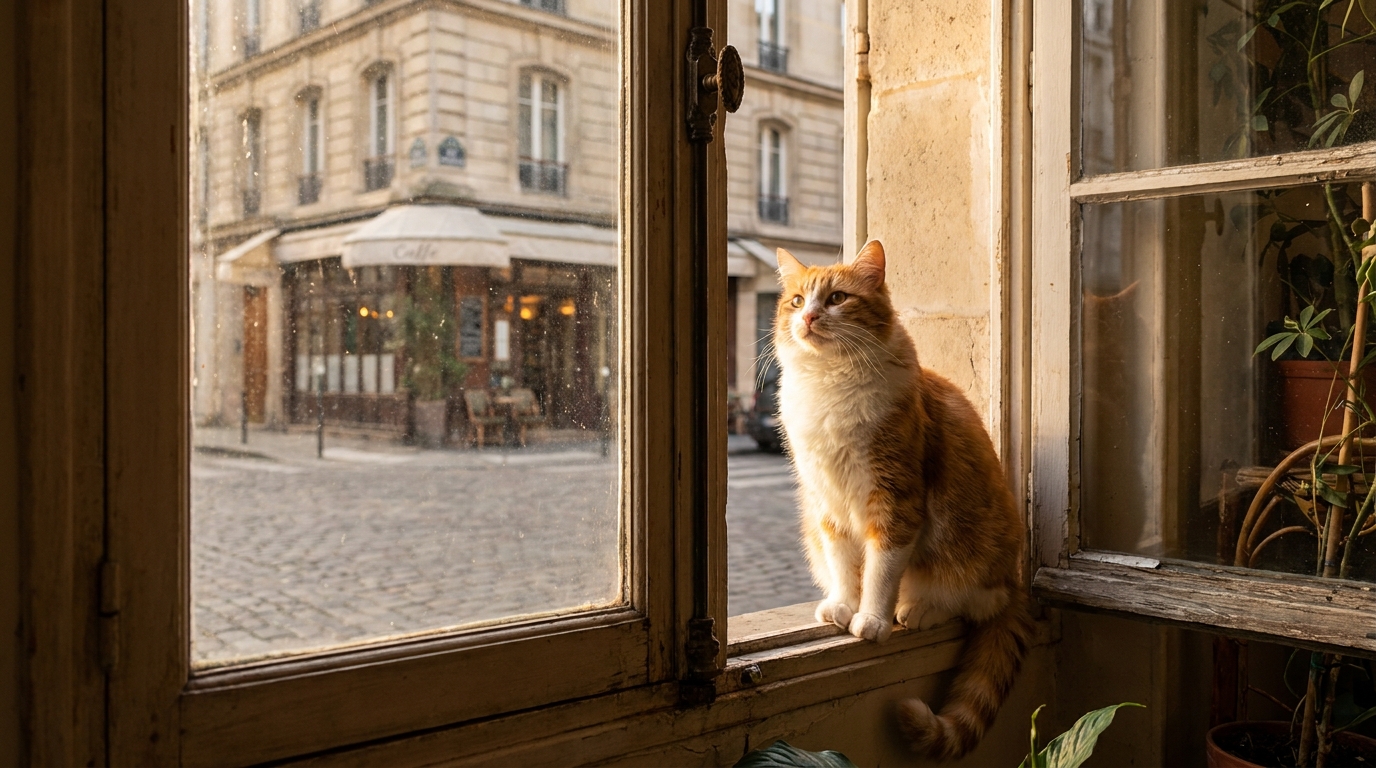 Ginkgo, un magnifique chat roux et blanc aux yeux verts, assis sur un rebord de fenêtre, regardant dehors avec un air serein et plein d'espoir.