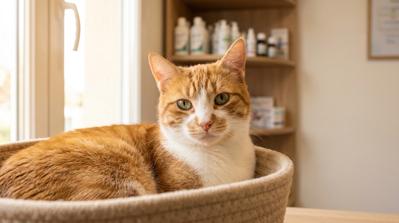 Ginkgo, un magnifique chat roux et blanc sauvé de l'euthanasie, se repose dans un panier, son regard plein d'une nouvelle lueur d'espoir.