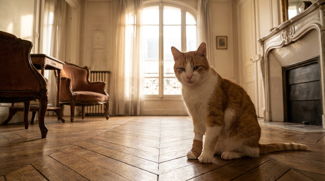 Un chat roux et blanc au regard intense est assis, sa patte avant droite est recouverte d'un bandage blanc propre.