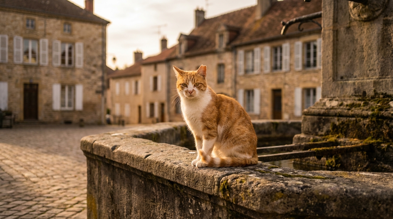 Un chat roux et blanc, qui pourrait être Monsieur Mouche, assis sur un muret dans une rue française, regardant calmement l'objectif.