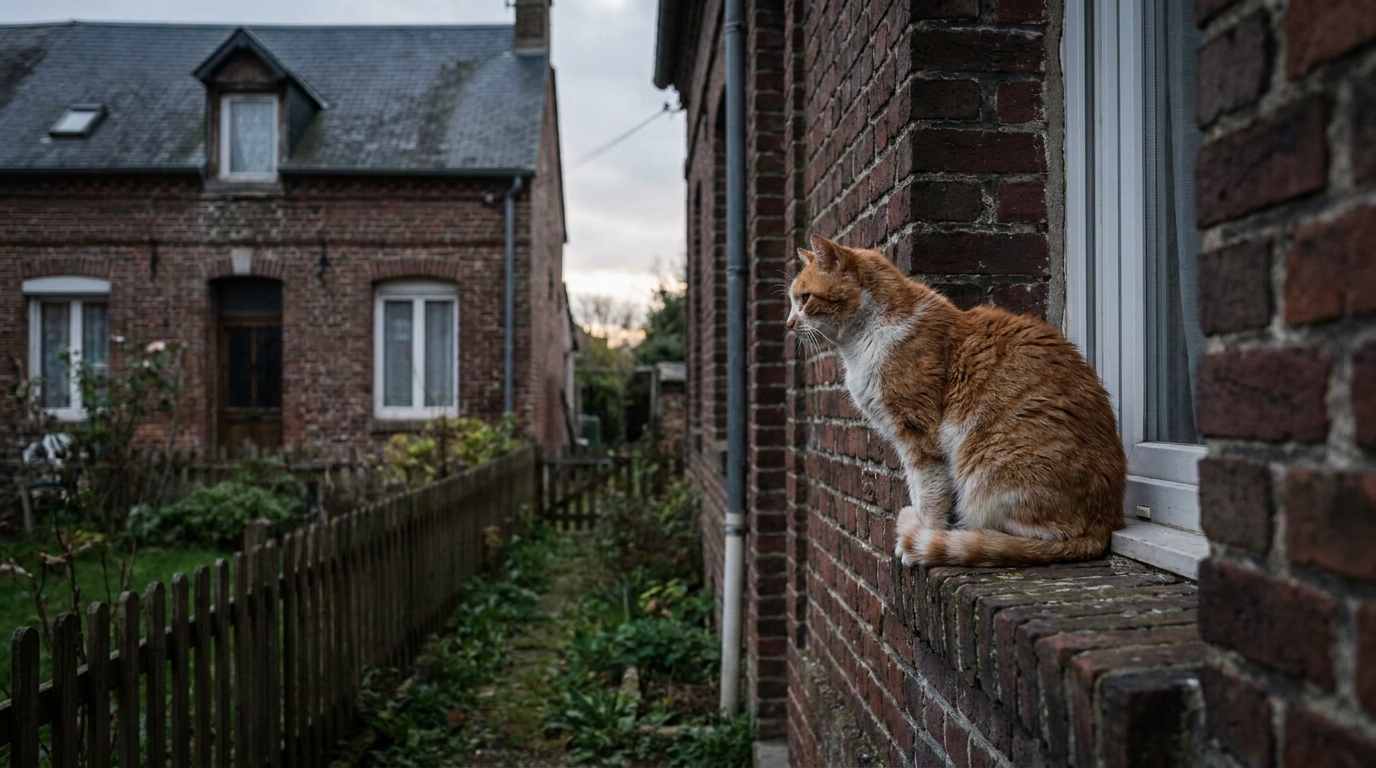 Un chat de gouttière au pelage roux et blanc, âgé, est assis sur un rebord de fenêtre et regarde avec mélancolie le jardin d'une maison voisine.