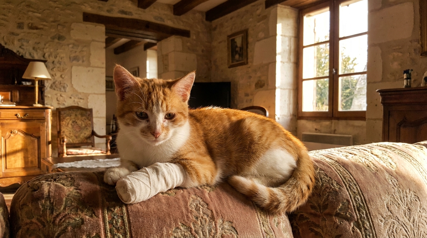Un jeune chat roux au regard triste, avec un bandage à la patte, se repose sur une couverture dans un intérieur français.
