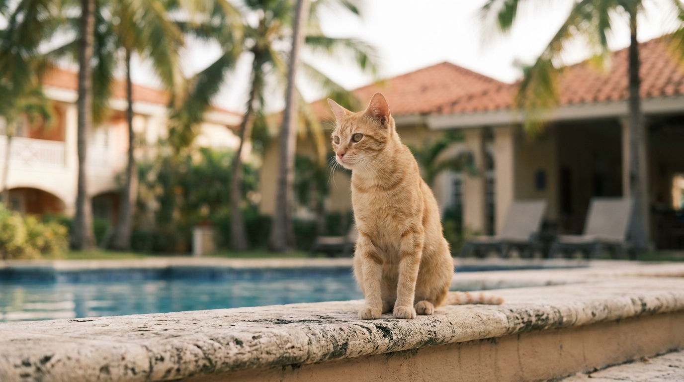 Un adorable chat roux est assis sur une terrasse ensoleillée d'un hôtel à Porto Rico, regardant avec espoir vers l'objectif.