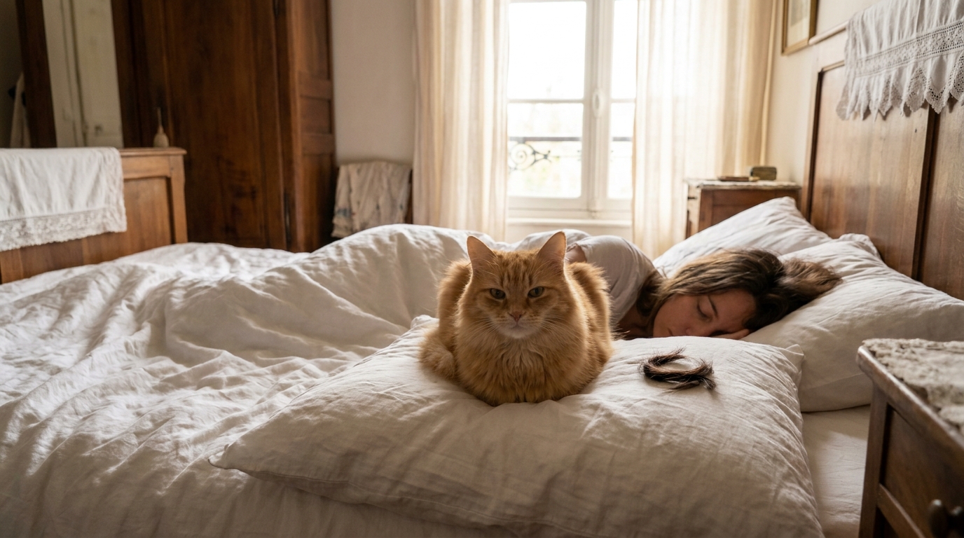 Un chat roux est assis sur un oreiller près de la tête d'une femme qui dort, avec une petite touffe de cheveux coupés à côté de lui.
