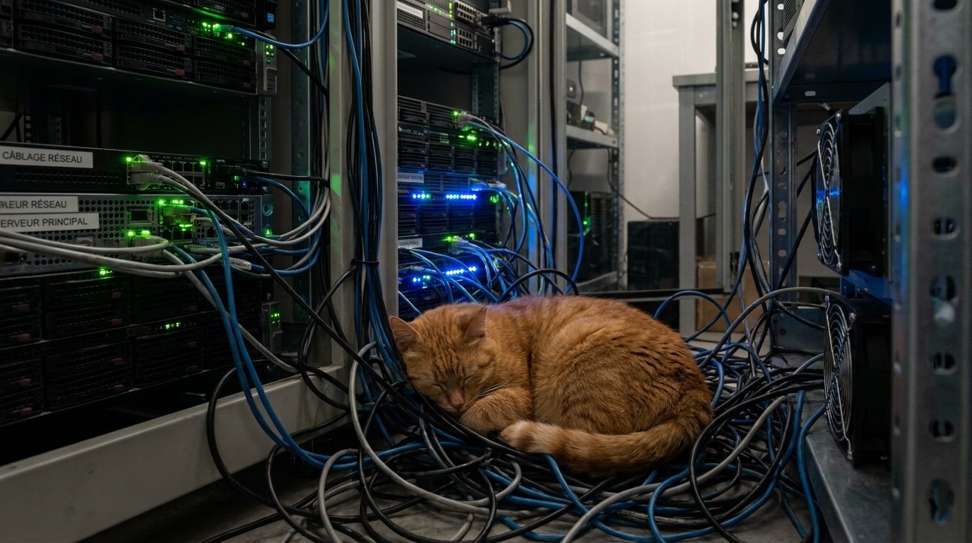 Un chat roux endormi paisiblement sur des câbles à côté d'une baie de serveur informatique dans une pièce sombre.