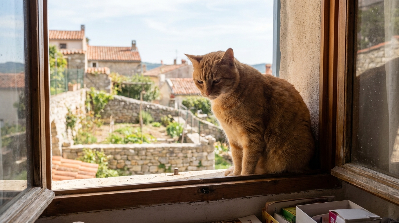 Un chat roux au regard triste et frustré, assis derrière une fenêtre, symbolisant sa condamnation à rester enfermé.