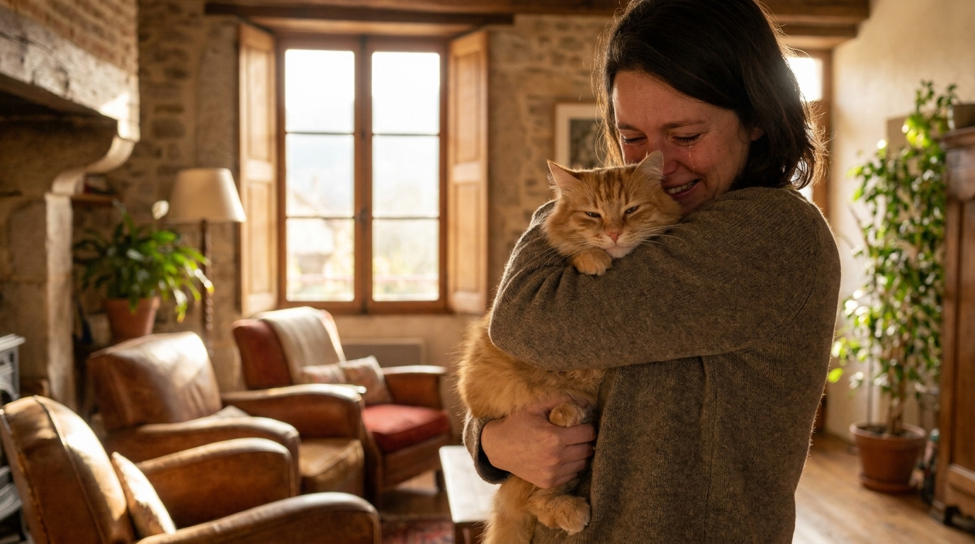 Un beau chat roux est confortablement installé sur un canapé, regardant par la fenêtre, après avoir retrouvé sa famille après une longue absence.