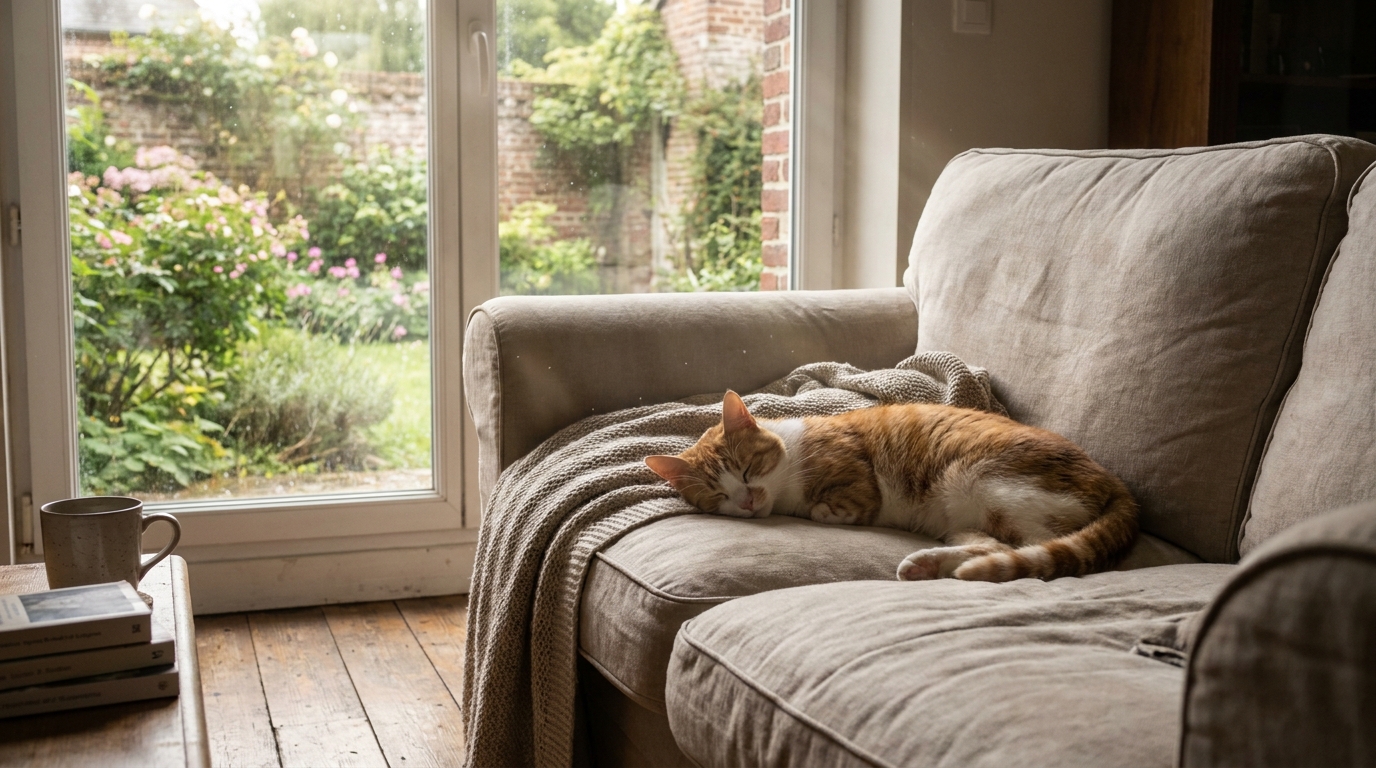 Un chat roux et blanc à trois pattes, l'air apaisé, est couché sur un plaid douillet à l'intérieur d'une maison, en convalescence.