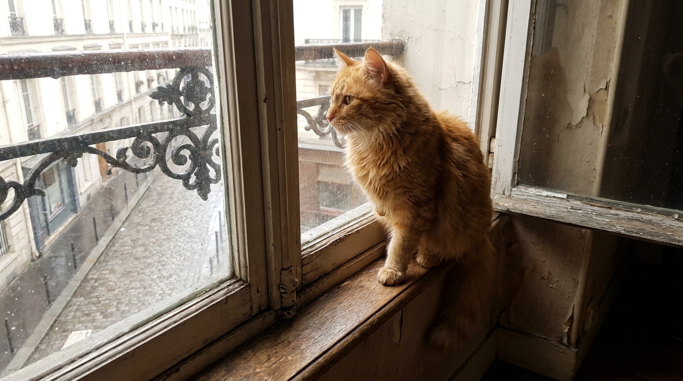 Un adorable chat roux à trois pattes, assis sur le rebord d'une fenêtre, regardant l'extérieur avec une expression pensive et inquiète.