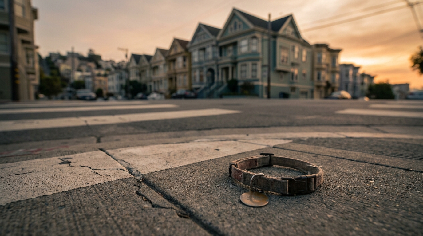 Un collier de chat vide posé sur un trottoir dans une rue de San Francisco, symbolisant la perte d'un animal de compagnie.