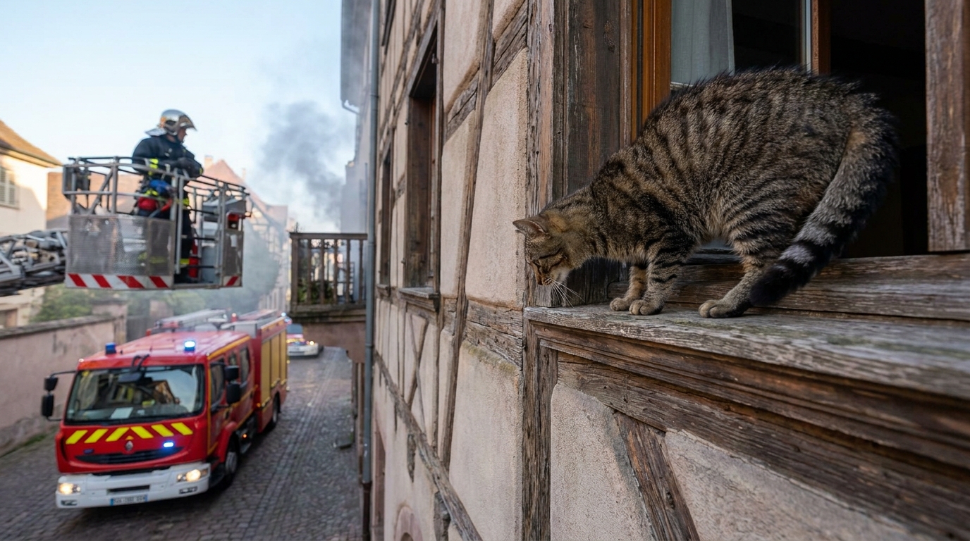 Un chat sur le rebord d'une fenêtre s'apprête à sauter pour échapper à un incendie dans son appartement à Colmar.