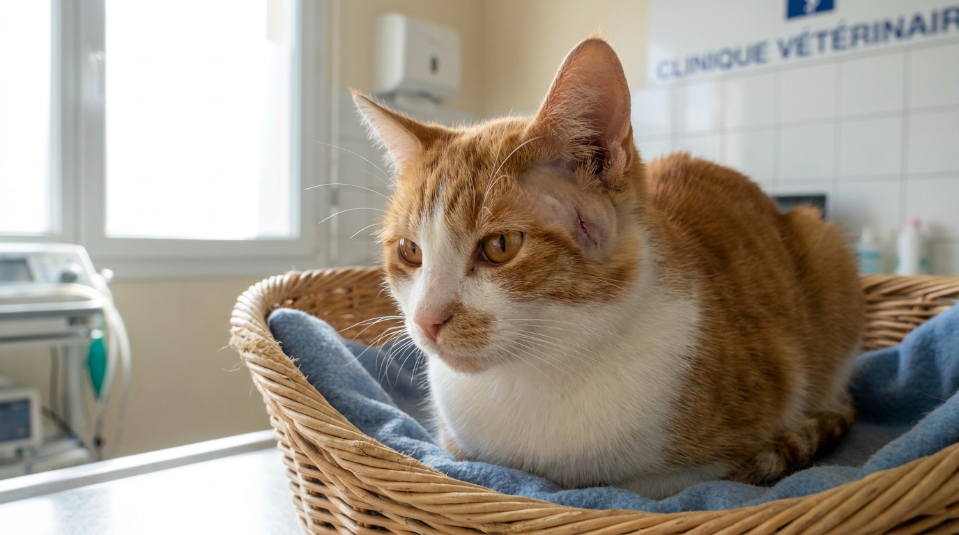 Un chat roux tigré, au regard doux et résilient, se reposant dans une clinique vétérinaire après avoir survécu à une terrible blessure.