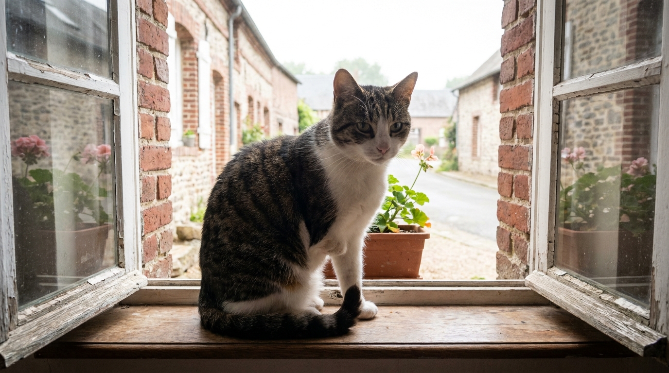Un chat tigré et blanc avec une patte avant manquante est assis sur un tapis, regardant calmement avec une expression résiliente.