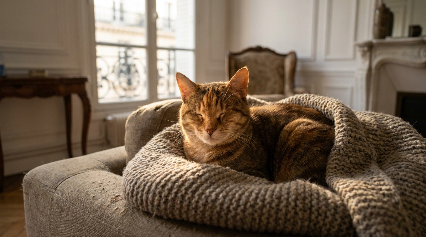 Un magnifique chat tigré sans yeux, nommé Höd, se prélasse confortablement sur un canapé, profitant de la quiétude de sa nouvelle vie.
