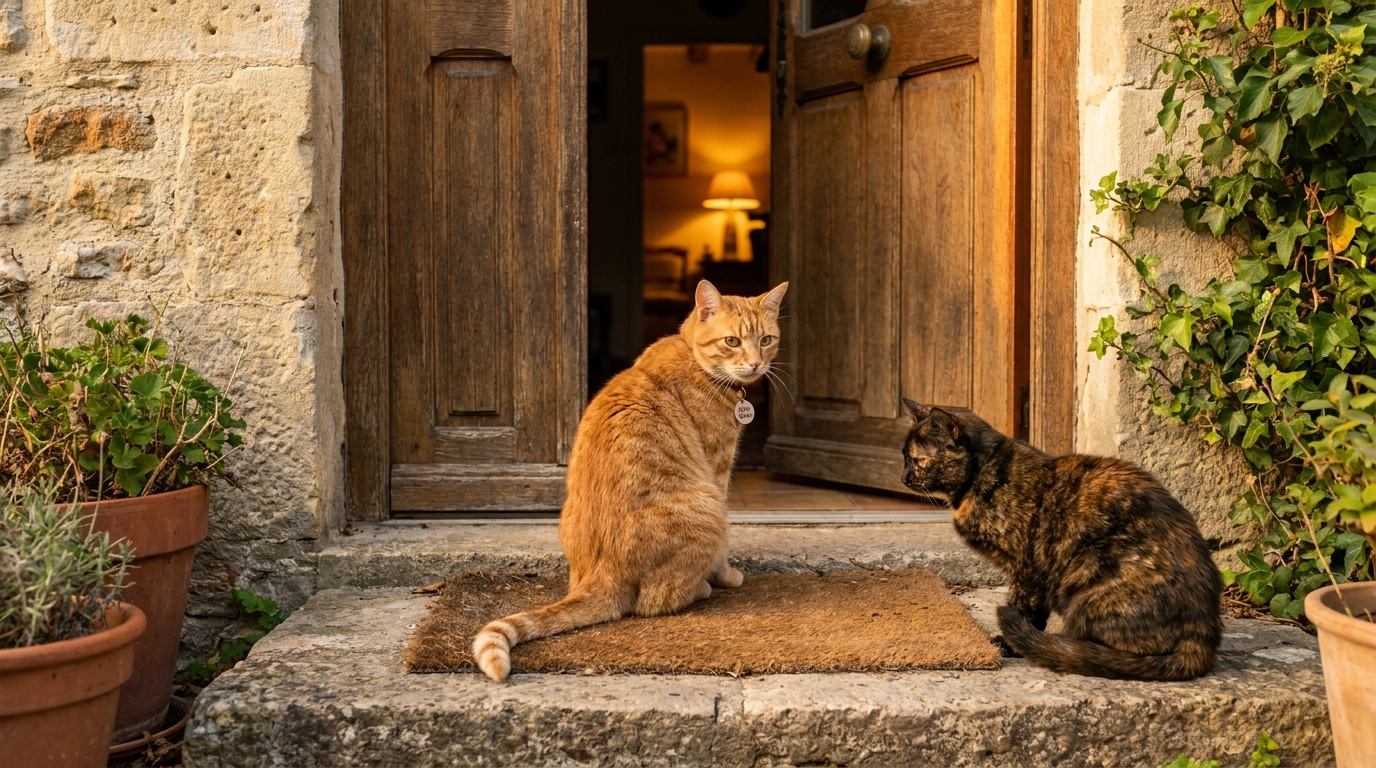 Un chat tigré roux se tient sur un paillasson devant une porte ouverte, regardant avec bienveillance une chatte tigrée grise qui hésite à entrer.