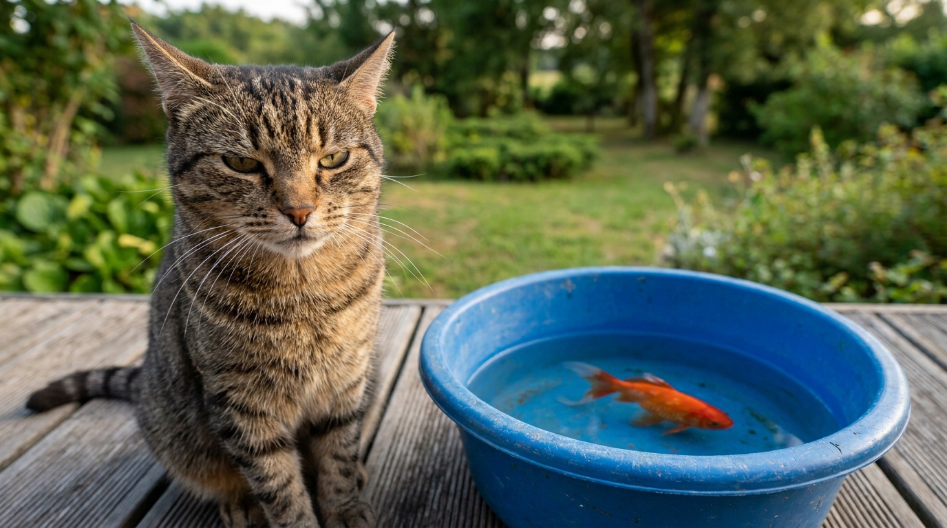Un chat tigré observe avec curiosité un poisson rouge nageant dans une bassine d'eau posée sur une terrasse en bois en France.