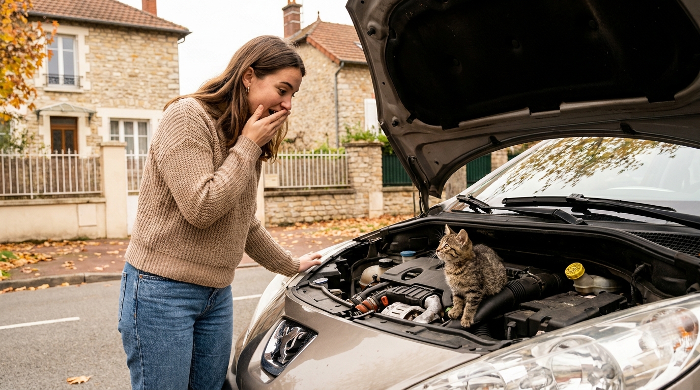Un petit chat tigré, l'air un peu effrayé mais en sécurité, est blotti dans le compartiment moteur d'une voiture moderne.
