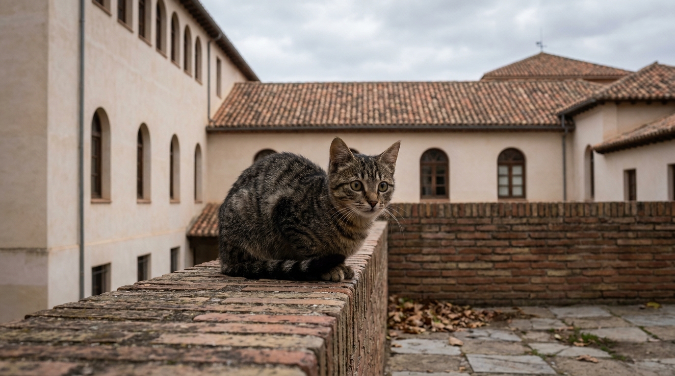 Un jeune chat tigré au regard triste, assis seul sur un muret en briques, symbolisant la vulnérabilité des animaux errants.