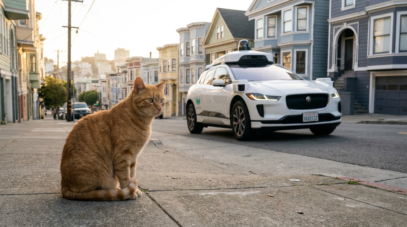 Un chat roux regarde avec méfiance une voiture autonome blanche de type Waymo dans une rue ensoleillée de San Francisco.