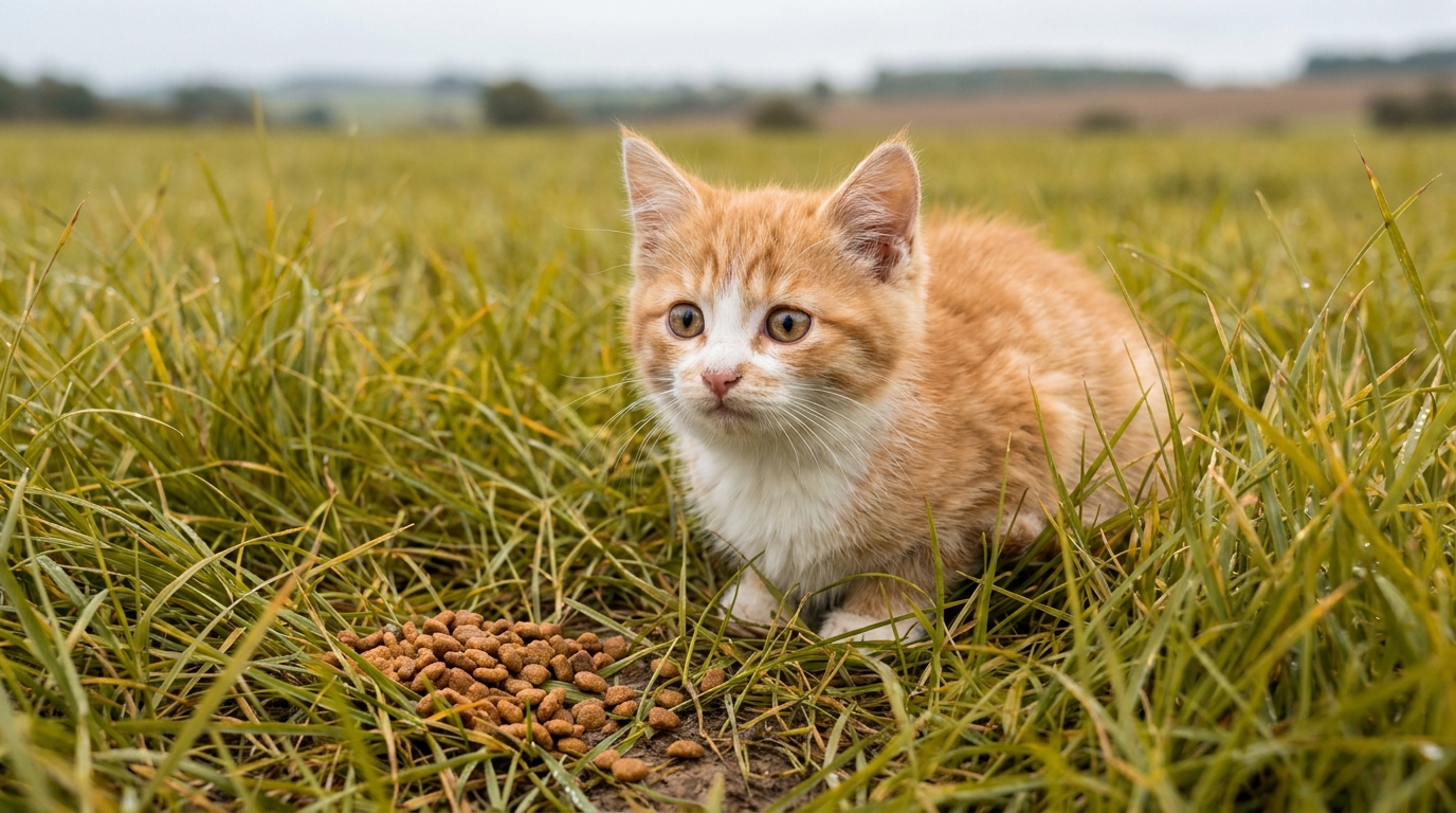 Un jeune chat roux et blanc regarde la caméra avec inquiétude, assis dans un champ. Il symbolise l'histoire d'Azalée, sauvé de la cruauté.