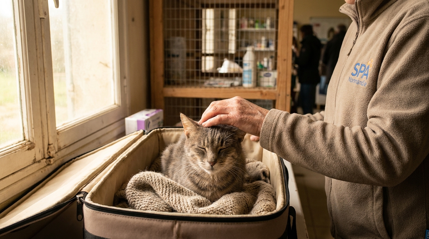Un petit chaton aux grands yeux tristes regarde à travers les barreaux d'une cage dans un refuge, symbolisant le sauvetage des 49 chats du Calvados.