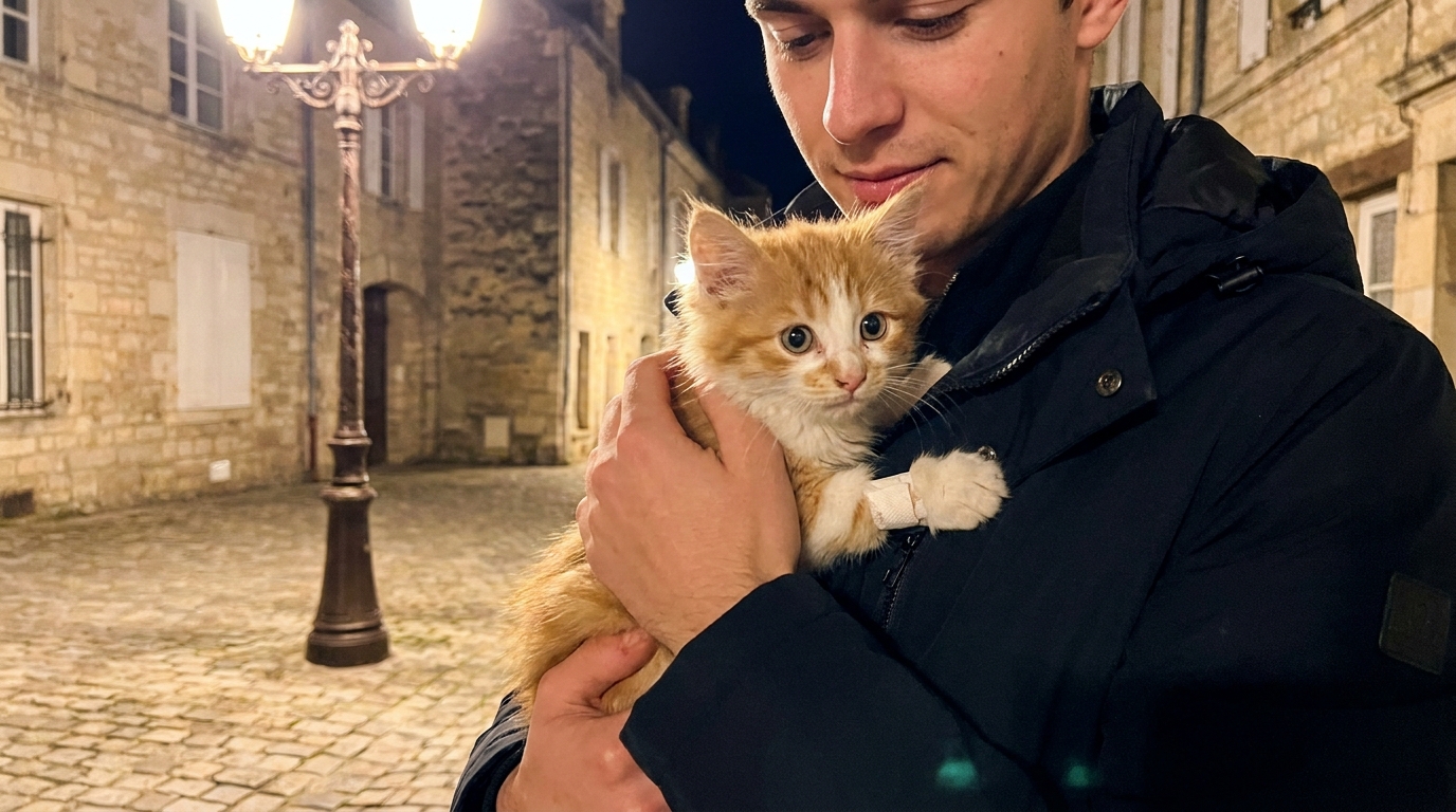 Un jeune chat au regard triste, blotti dans les bras d'un sauveteur, avec une patte bandée, dans une rue française la nuit.