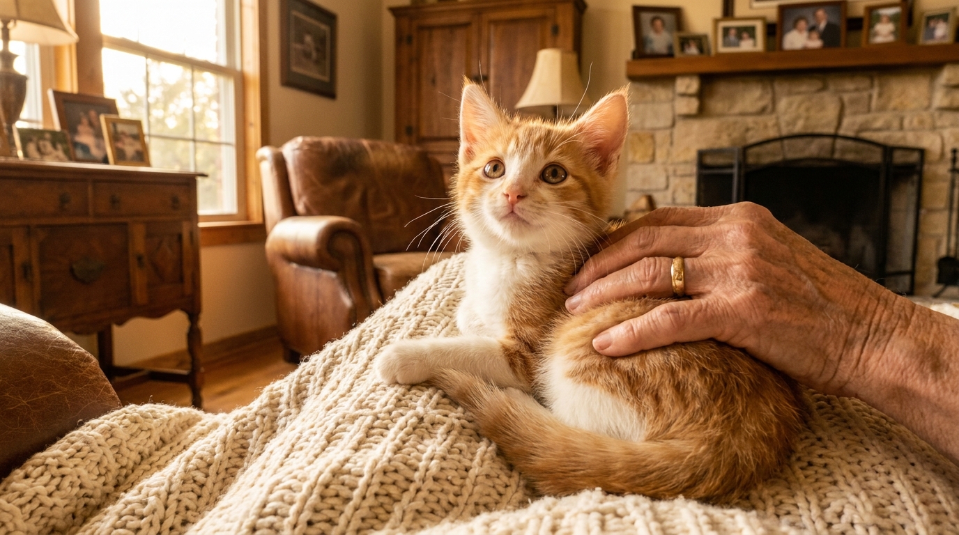 Le petit chaton Elmer, au pelage roux et blanc, regarde l'objectif avec curiosité après avoir été sauvé d'un seau de colle au Texas.