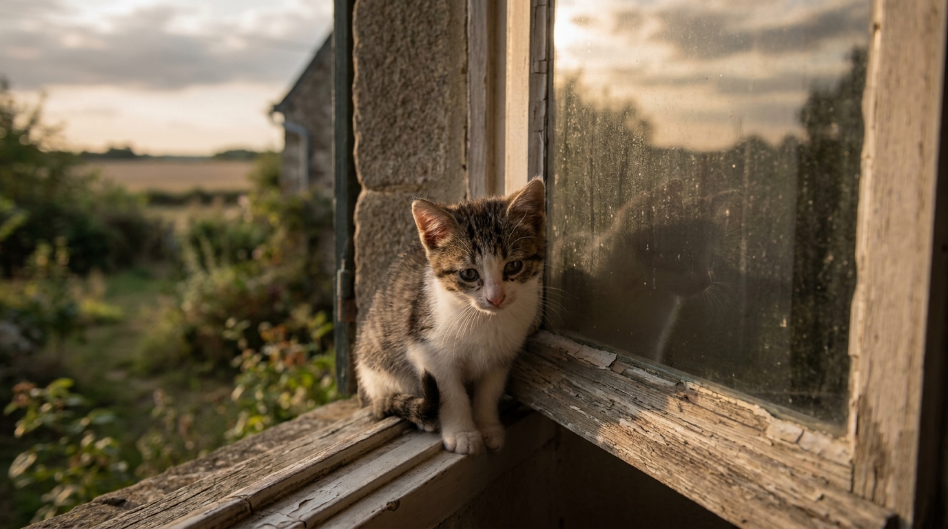 Un jeune chaton tigré et blanc regarde tristement par une fenêtre, symbolisant la perte et l'injustice vécues par sa famille.
