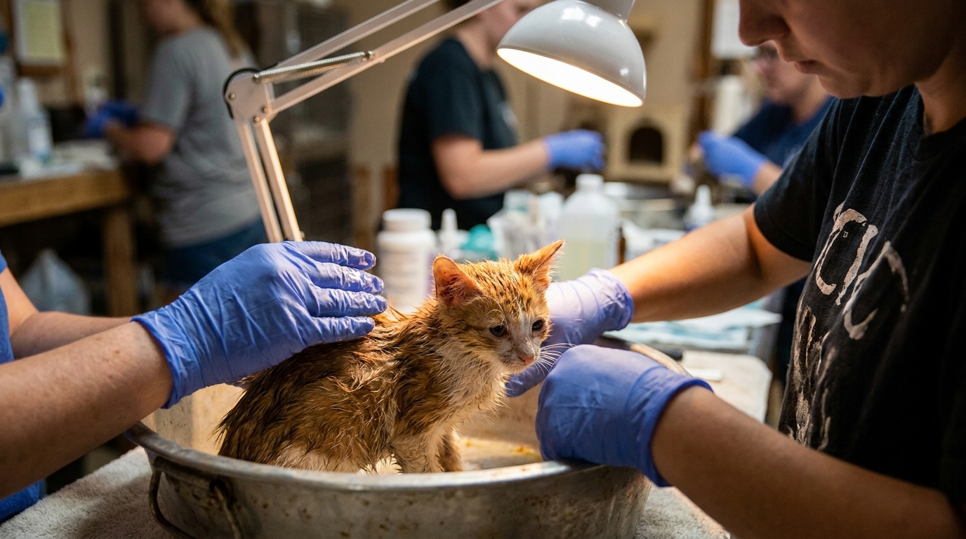 Un soignant nettoie délicatement un petit chaton roux et blanc avec de l'huile, son pelage encore emmêlé par une substance collante.