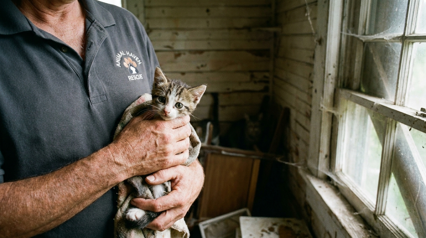 Un sauveteur tient délicatement dans ses bras un petit chaton au regard craintif, secouru d'une situation de surpopulation.