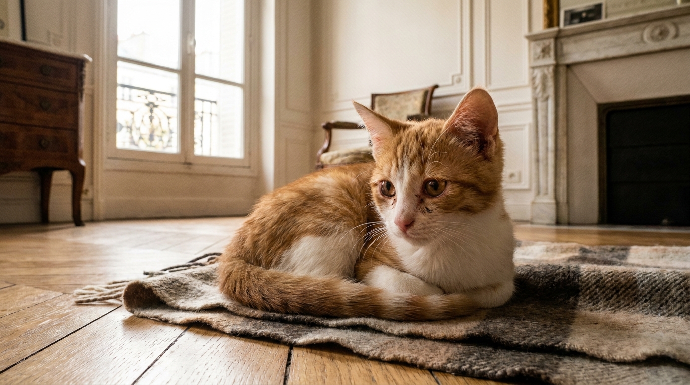 Un jeune chaton au pelage tigré est assis sur un canapé, son regard semble mélancolique, symbolisant la tristesse de l'histoire de Kékette.